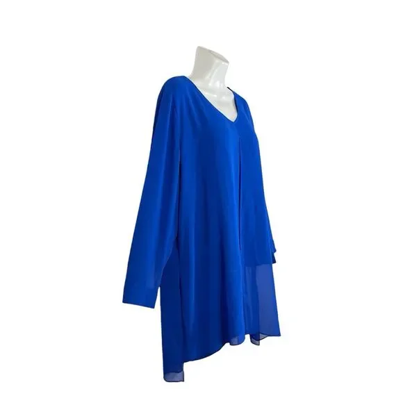 Chico's 2 Long Split Front Tunic Top Large Sheer Long Sleeve Royal Blue Layered - Picture 3 of 10